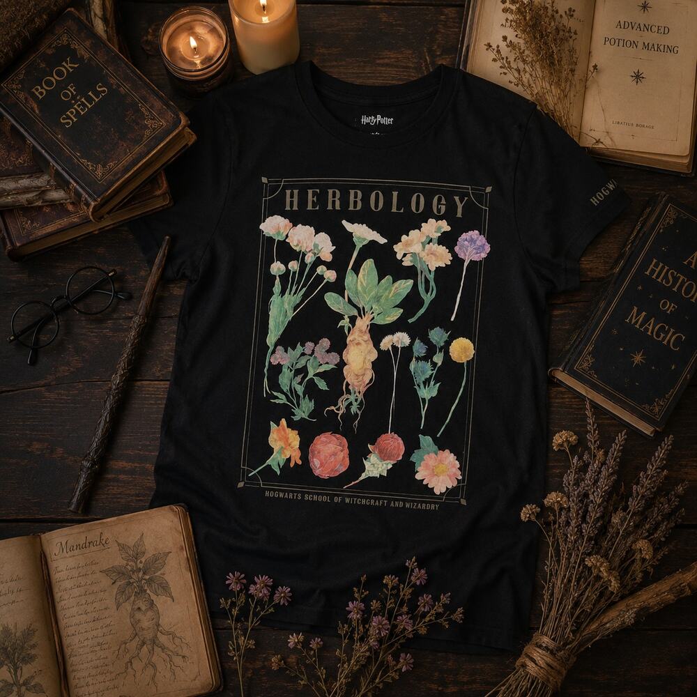 Harry Potter Herbology Graphic Tee Black Hogwarts Botanical Shirt Medium